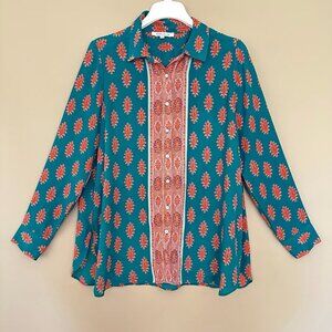 Rose & Olive Women L Button Top Fall Semi-sheer Boho Grannycore Flowy Teal Blue